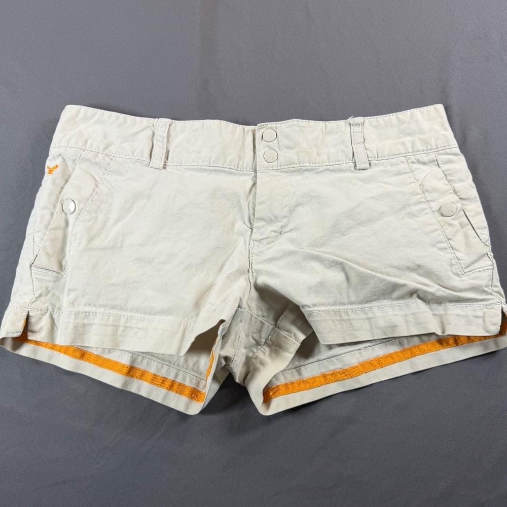 American Eagle Y2K Low Rise Micro Shorts Khaki Tan Stretch Size 6